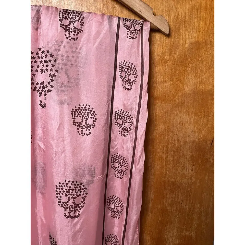 Y2K Pink Black Silk Chiffon Skull Print Rectangle Scarf Shawl Indie Sleaze 44x70